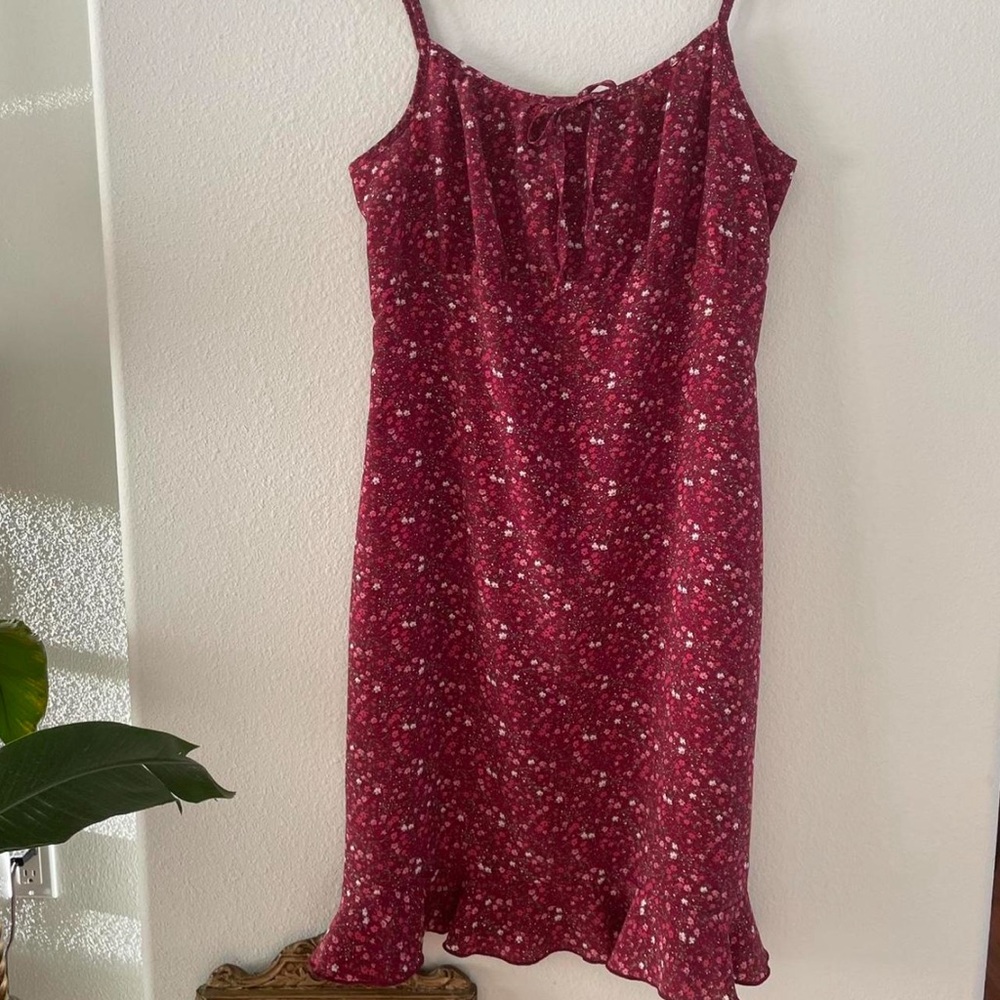 Cute burgundy and pink floral summer milkmaid dress